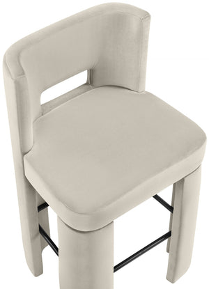 Meridian Furniture Zuno Velvet Upholstered Barstool with Sculptural Solid Wood Frame for Kitchen Island Seating Cream 973Cream-C