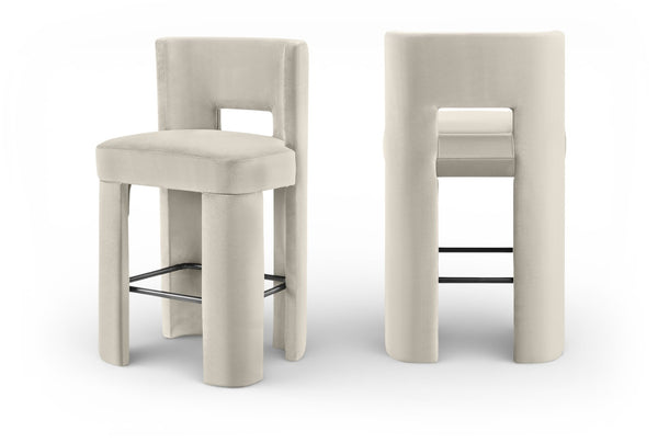 Meridian Furniture Zuno Velvet Upholstered Barstool with Sculptural Solid Wood Frame for Kitchen Island Seating Cream 973Cream-C