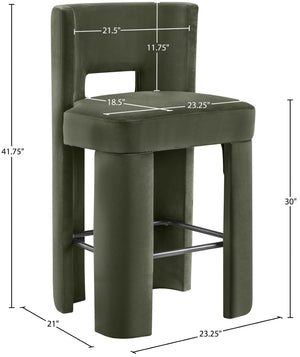 Meridian Furniture Zuno Velvet Upholstered Barstool with Sculptural Solid Wood Frame for Kitchen Island Seating Green 973Green-C