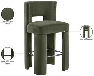 Meridian Furniture Zuno Velvet Upholstered Barstool with Sculptural Solid Wood Frame for Kitchen Island Seating Green 973Green-C