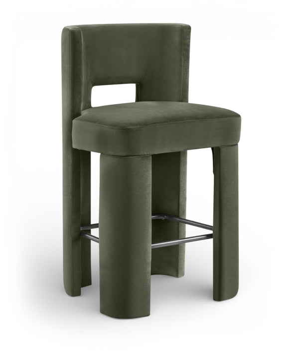 Meridian Furniture Zuno Velvet Upholstered Barstool with Sculptural Solid Wood Frame for Kitchen Island Seating Green 973Green-C