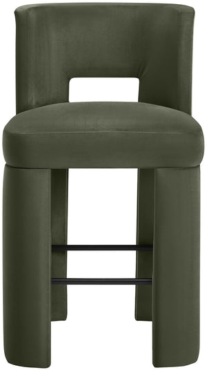Meridian Furniture Zuno Velvet Upholstered Barstool with Sculptural Solid Wood Frame for Kitchen Island Seating Green 973Green-C