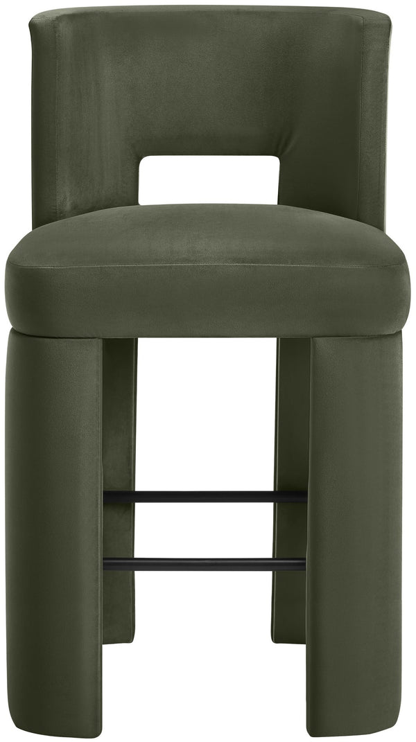 Meridian Furniture Zuno Velvet Upholstered Barstool with Sculptural Solid Wood Frame for Kitchen Island Seating Green 973Green-C