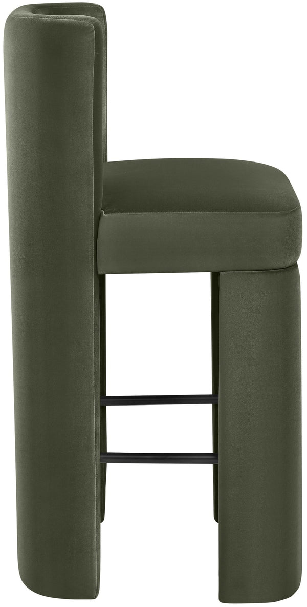 Meridian Furniture Zuno Velvet Upholstered Barstool with Sculptural Solid Wood Frame for Kitchen Island Seating Green 973Green-C