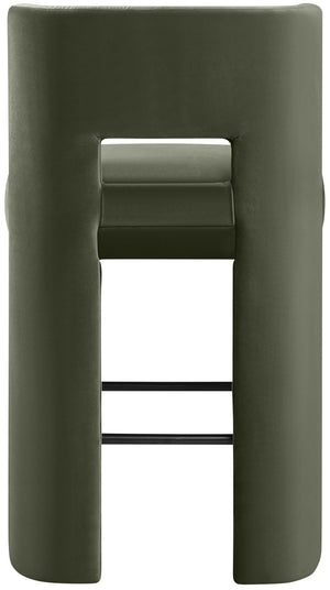Meridian Furniture Zuno Velvet Upholstered Barstool with Sculptural Solid Wood Frame for Kitchen Island Seating Green 973Green-C