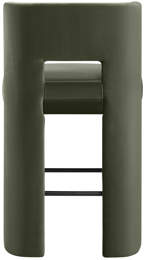 Meridian Furniture Zuno Velvet Upholstered Barstool with Sculptural Solid Wood Frame for Kitchen Island Seating Green 973Green-C