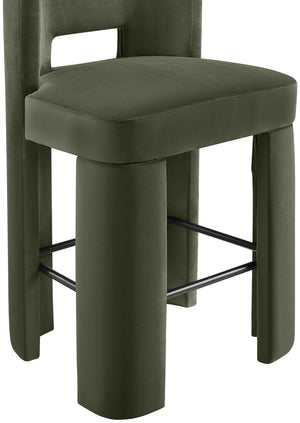 Meridian Furniture Zuno Velvet Upholstered Barstool with Sculptural Solid Wood Frame for Kitchen Island Seating Green 973Green-C