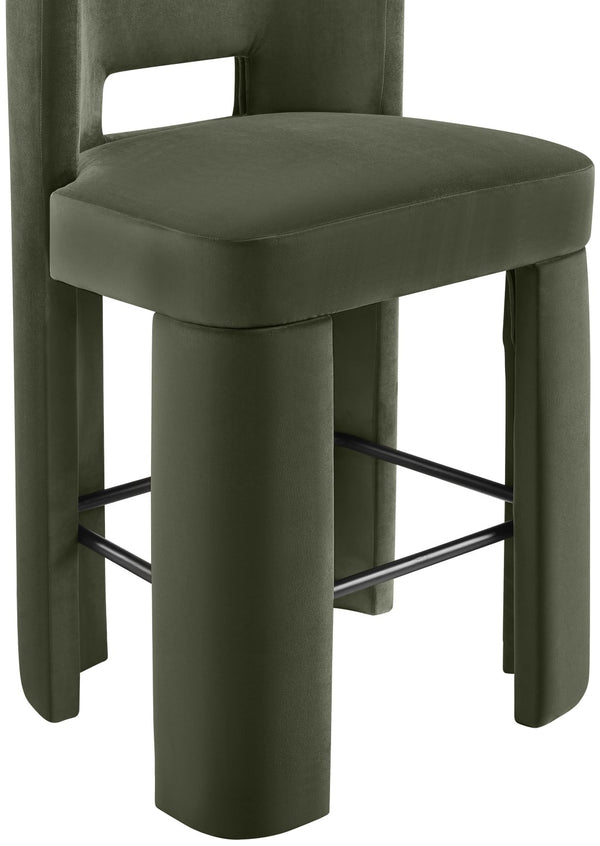 Meridian Furniture Zuno Velvet Upholstered Barstool with Sculptural Solid Wood Frame for Kitchen Island Seating Green 973Green-C