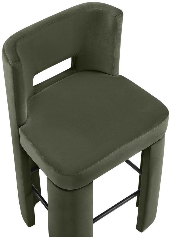 Meridian Furniture Zuno Velvet Upholstered Barstool with Sculptural Solid Wood Frame for Kitchen Island Seating Green 973Green-C