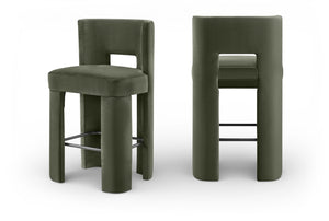 Meridian Furniture Zuno Velvet Upholstered Barstool with Sculptural Solid Wood Frame for Kitchen Island Seating Green 973Green-C