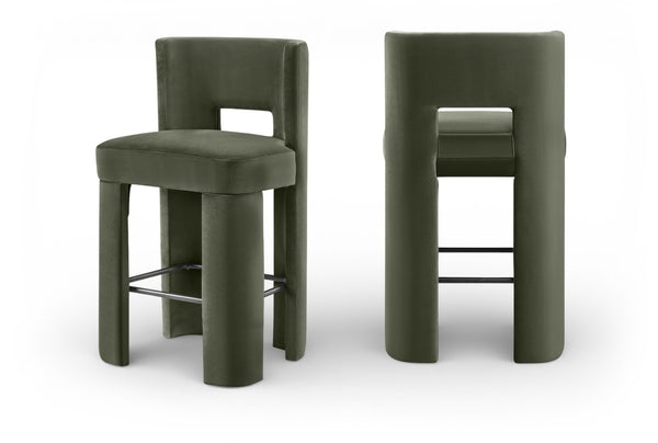 Meridian Furniture Zuno Velvet Upholstered Barstool with Sculptural Solid Wood Frame for Kitchen Island Seating Green 973Green-C
