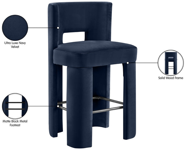 Meridian Furniture Zuno Velvet Upholstered Barstool with Sculptural Solid Wood Frame for Kitchen Island Seating Navy 973Navy-C