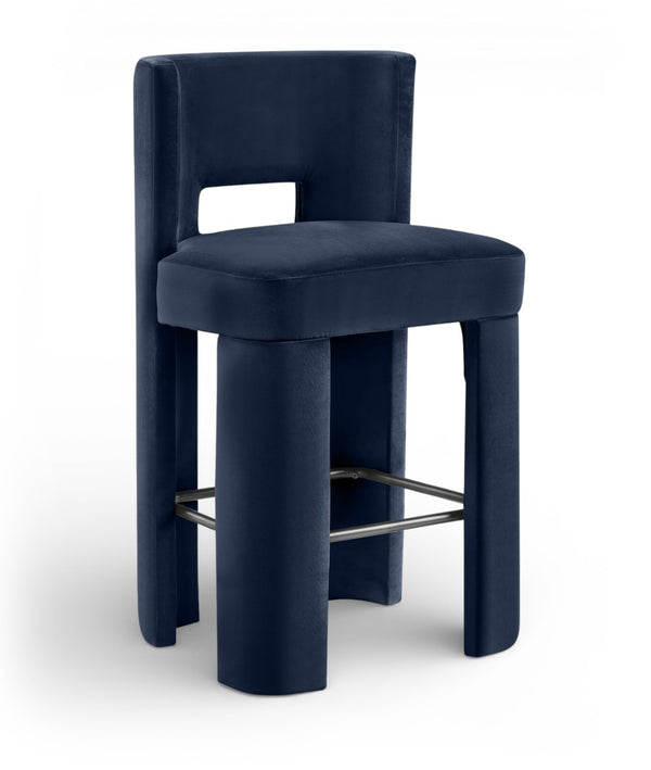 Meridian Furniture Zuno Velvet Upholstered Barstool with Sculptural Solid Wood Frame for Kitchen Island Seating Navy 973Navy-C