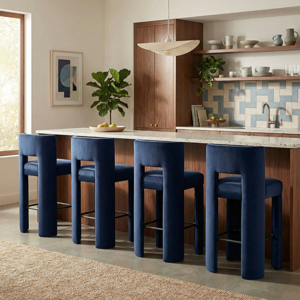 Meridian Furniture Zuno Velvet Upholstered Barstool with Sculptural Solid Wood Frame for Kitchen Island Seating Navy 973Navy-C