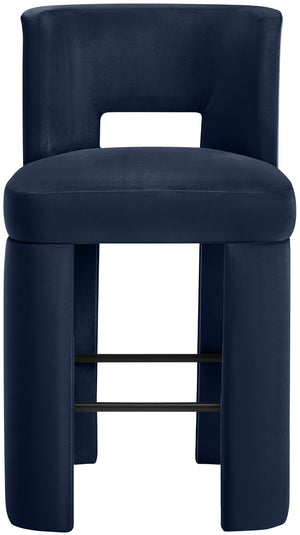 Meridian Furniture Zuno Velvet Upholstered Barstool with Sculptural Solid Wood Frame for Kitchen Island Seating Navy 973Navy-C