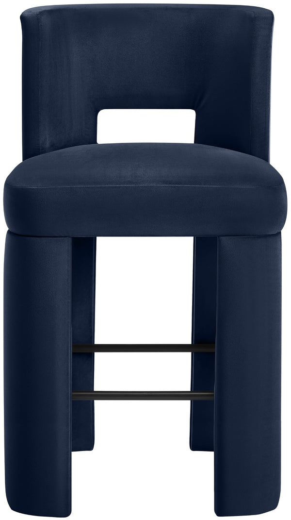 Meridian Furniture Zuno Velvet Upholstered Barstool with Sculptural Solid Wood Frame for Kitchen Island Seating Navy 973Navy-C