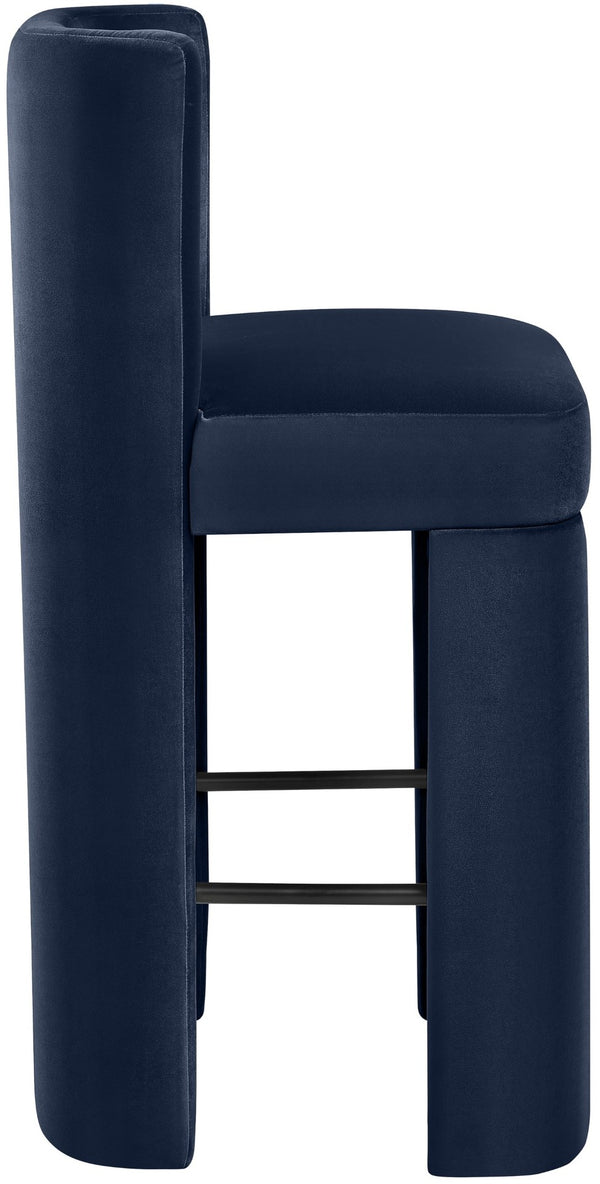 Meridian Furniture Zuno Velvet Upholstered Barstool with Sculptural Solid Wood Frame for Kitchen Island Seating Navy 973Navy-C