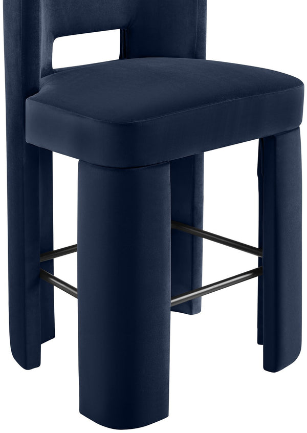 Meridian Furniture Zuno Velvet Upholstered Barstool with Sculptural Solid Wood Frame for Kitchen Island Seating Navy 973Navy-C