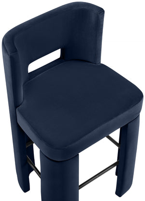 Meridian Furniture Zuno Velvet Upholstered Barstool with Sculptural Solid Wood Frame for Kitchen Island Seating Navy 973Navy-C