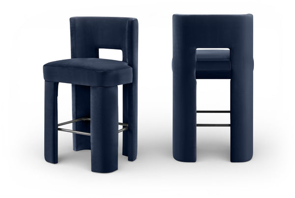 Meridian Furniture Zuno Velvet Upholstered Barstool with Sculptural Solid Wood Frame for Kitchen Island Seating Navy 973Navy-C