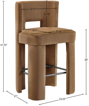 Meridian Furniture Zuno Velvet Upholstered Barstool with Sculptural Solid Wood Frame for Kitchen Island Seating Saddle 973Saddle-C