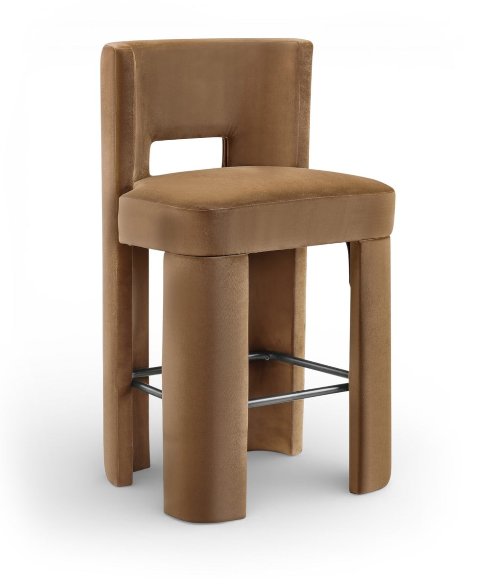 Meridian Furniture Zuno Velvet Upholstered Barstool with Sculptural Solid Wood Frame for Kitchen Island Seating Saddle 973Saddle-C
