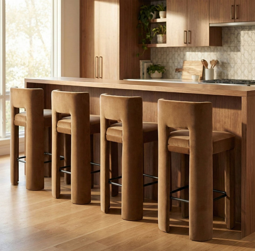 Meridian Furniture Zuno Velvet Upholstered Barstool with Sculptural Solid Wood Frame for Kitchen Island Seating Saddle 973Saddle-C