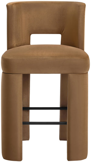 Meridian Furniture Zuno Velvet Upholstered Barstool with Sculptural Solid Wood Frame for Kitchen Island Seating Saddle 973Saddle-C