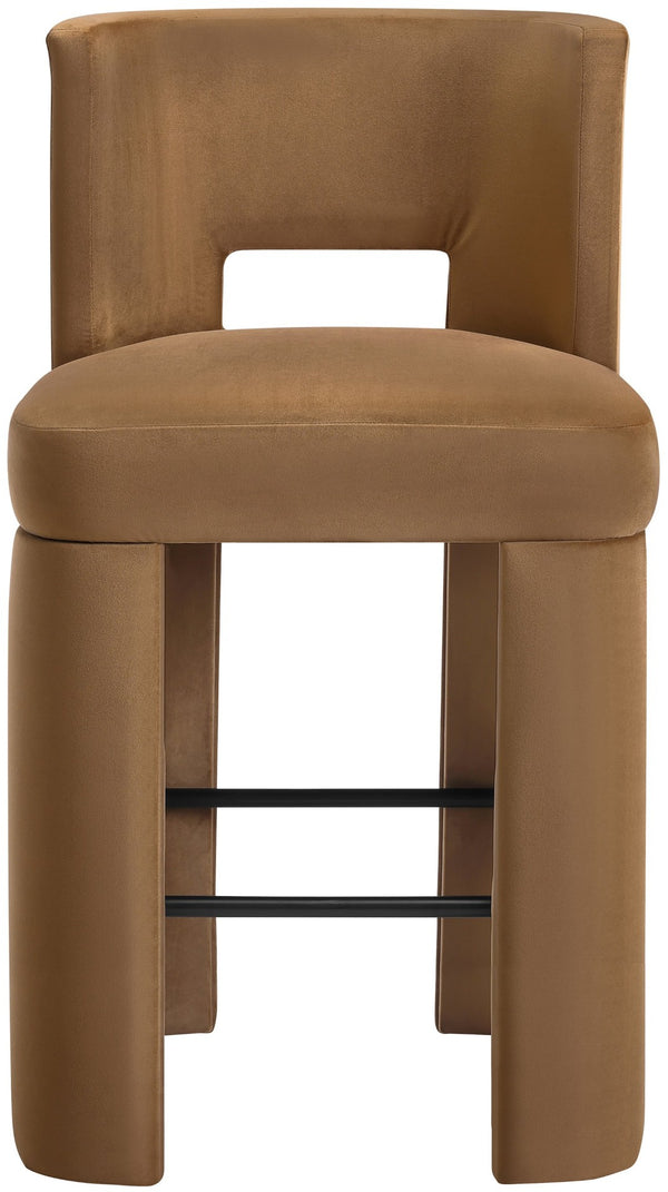 Meridian Furniture Zuno Velvet Upholstered Barstool with Sculptural Solid Wood Frame for Kitchen Island Seating Saddle 973Saddle-C
