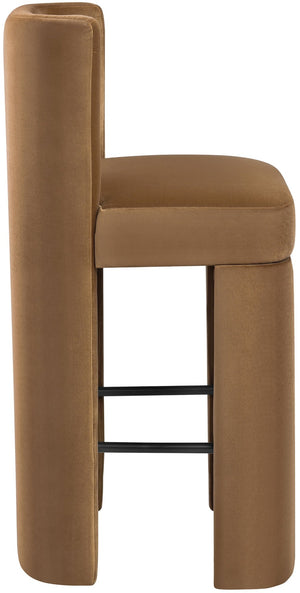 Meridian Furniture Zuno Velvet Upholstered Barstool with Sculptural Solid Wood Frame for Kitchen Island Seating Saddle 973Saddle-C