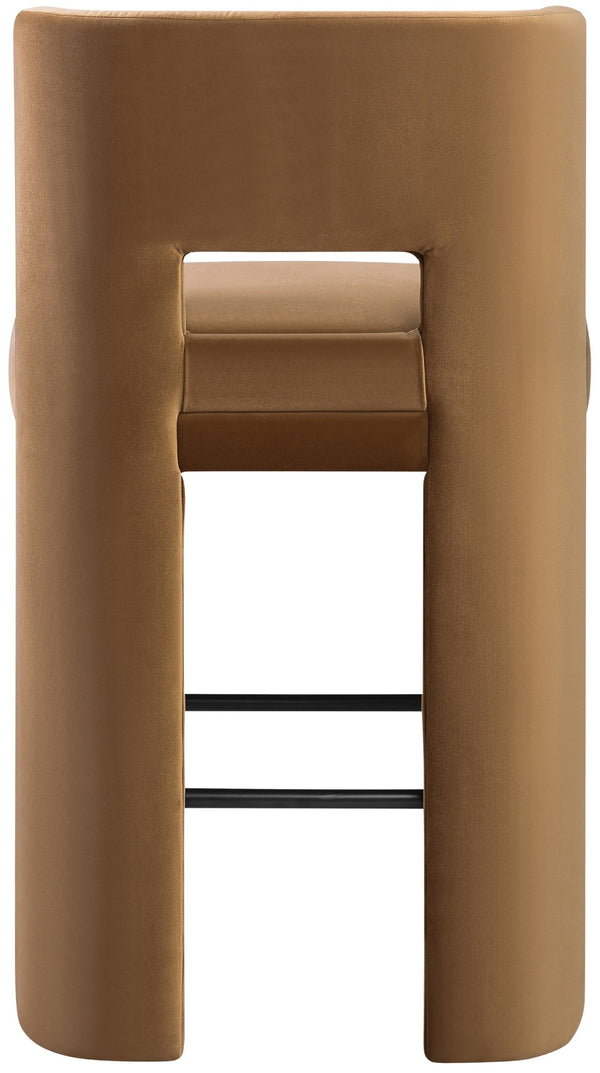 Meridian Furniture Zuno Velvet Upholstered Barstool with Sculptural Solid Wood Frame for Kitchen Island Seating Saddle 973Saddle-C