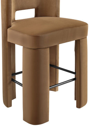 Meridian Furniture Zuno Velvet Upholstered Barstool with Sculptural Solid Wood Frame for Kitchen Island Seating Saddle 973Saddle-C