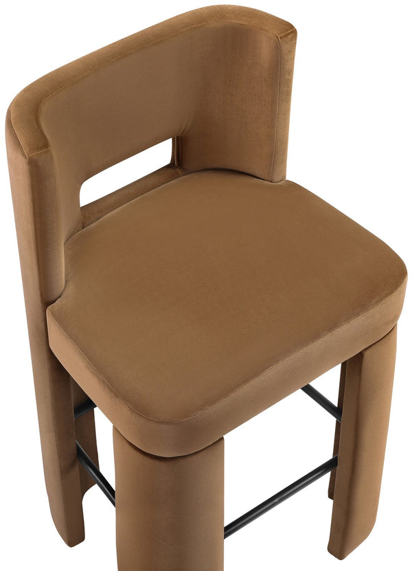 Meridian Furniture Zuno Velvet Upholstered Barstool with Sculptural Solid Wood Frame for Kitchen Island Seating Saddle 973Saddle-C
