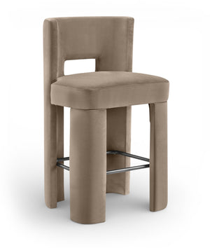 Meridian Furniture Zuno Velvet Upholstered Barstool with Sculptural Solid Wood Frame for Kitchen Island Seating Taupe 973Taupe-C