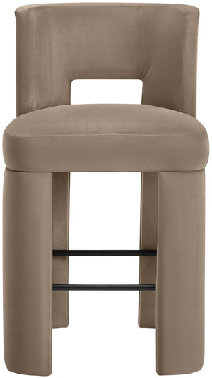 Meridian Furniture Zuno Velvet Upholstered Barstool with Sculptural Solid Wood Frame for Kitchen Island Seating Taupe 973Taupe-C