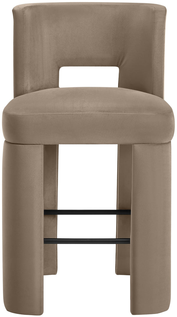 Meridian Furniture Zuno Velvet Upholstered Barstool with Sculptural Solid Wood Frame for Kitchen Island Seating Taupe 973Taupe-C