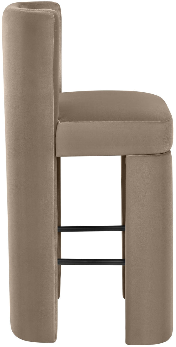 Meridian Furniture Zuno Velvet Upholstered Barstool with Sculptural Solid Wood Frame for Kitchen Island Seating Taupe 973Taupe-C