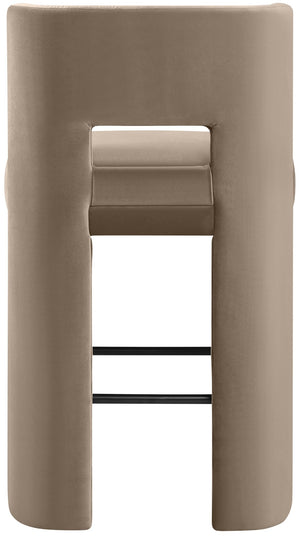 Meridian Furniture Zuno Velvet Upholstered Barstool with Sculptural Solid Wood Frame for Kitchen Island Seating Taupe 973Taupe-C