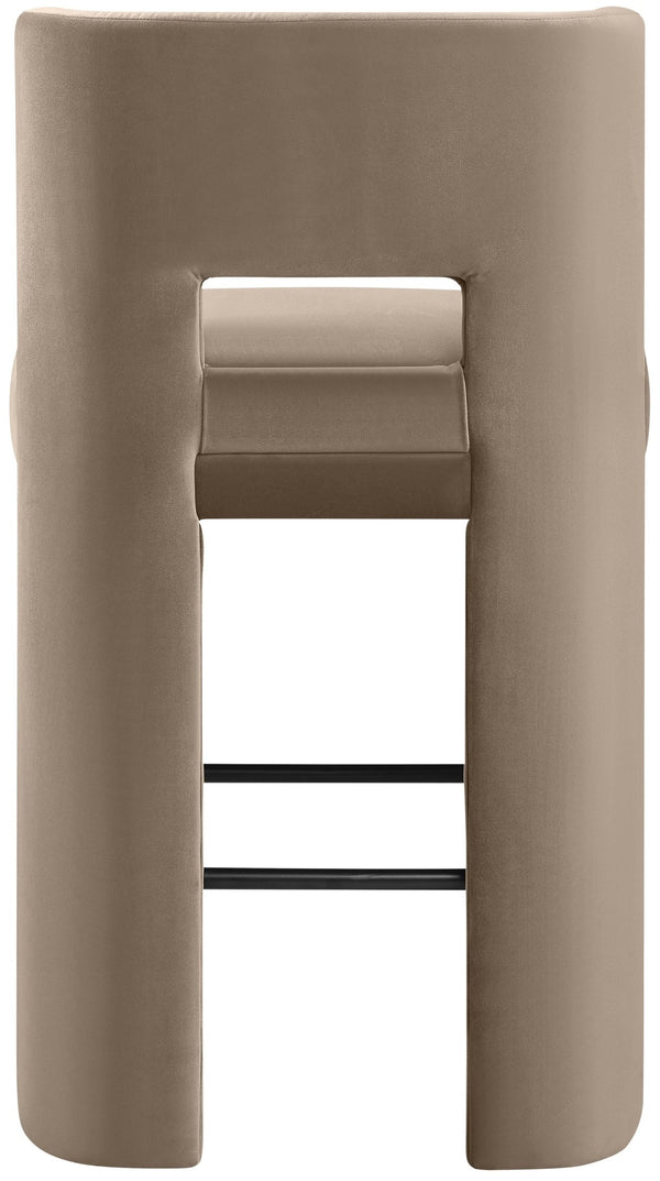 Meridian Furniture Zuno Velvet Upholstered Barstool with Sculptural Solid Wood Frame for Kitchen Island Seating Taupe 973Taupe-C