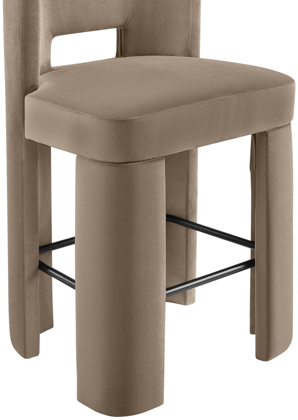 Meridian Furniture Zuno Velvet Upholstered Barstool with Sculptural Solid Wood Frame for Kitchen Island Seating Taupe 973Taupe-C