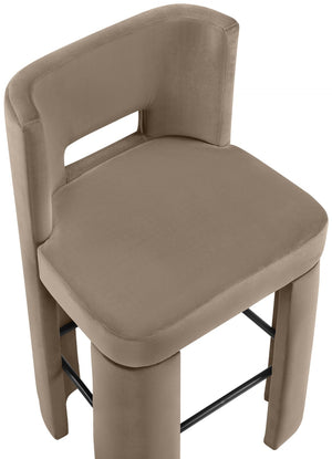 Meridian Furniture Zuno Velvet Upholstered Barstool with Sculptural Solid Wood Frame for Kitchen Island Seating Taupe 973Taupe-C