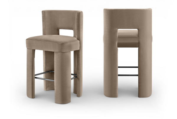 Meridian Furniture Zuno Velvet Upholstered Barstool with Sculptural Solid Wood Frame for Kitchen Island Seating Taupe 973Taupe-C