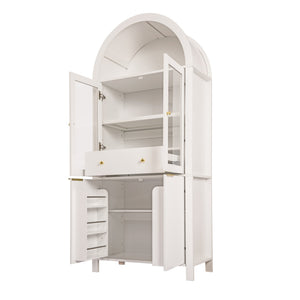 English Elm 71" Fluted Tall Arched Pantry Cabinet with Tempered Glass Door, Adjustable Shelves, Silent Drawer, Anti-Tip Safety and Stylish Metal Handles for Kitchen Living Dining White W2917P384723