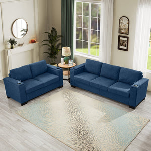 English Elm Two Two-Piece 5-Seater Sofa Set with Cup Holder & Storage, Polyester Upholstery, Solid Wood Frame, Coil Spring Seats, Removable Covers, Modern Square Arm Design for Living Room Comfort and Durability Blue W1097S00198