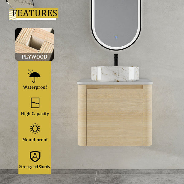 English Elm 24'' Sleek Wall-Mounted Bathroom Vanity With Ceramic Vessel Sink & Soft-Close Door For Small Spaces W999S00459