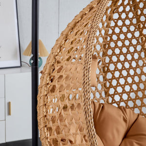 English Elm 76.8-inch Hand Woven Rattan Egg Swing Chair Indoor Outdoor with Cushion Lumbar Pillow Yellow W1512P498594