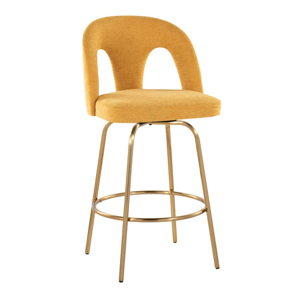 English Elm Fixed-height Swivel Counterstools with White Upholstery Gold Footrest Set of 2 Yellow B202S01783