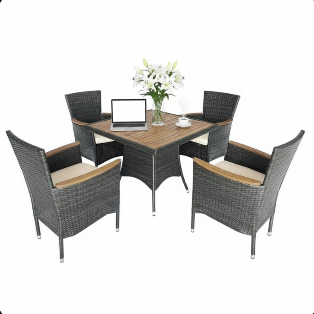 English Elm 5-piece Outdoor Dining Set Pe Rattan Armchairs with Acacia Wood Square Table Gray B082S00067