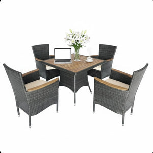 English Elm 5-piece Outdoor Dining Set Pe Rattan Armchairs with Acacia Wood Square Table Gray B082S00067