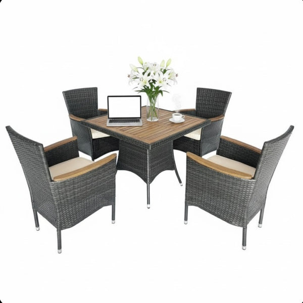 English Elm 5-piece Outdoor Dining Set Pe Rattan Armchairs with Acacia Wood Square Table Gray B082S00067